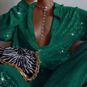 Sequin Pants Set Emerald Ensemble sz L New